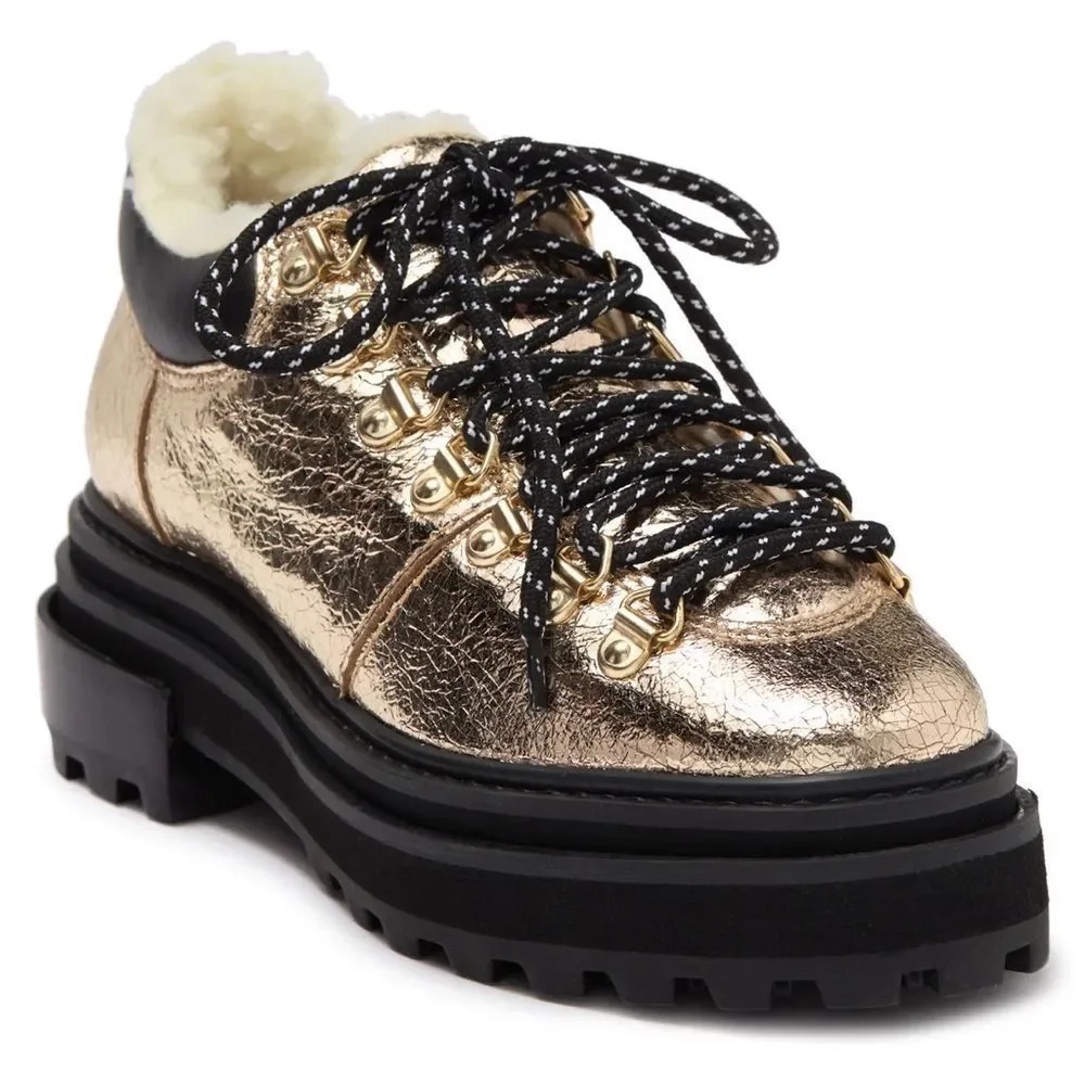 NWT Schutz Lucille Metallic Leather & Shearling Bootie In Patina/Black